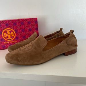Tory Burch Suede Moccasin River Rock Loafers.